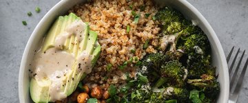 Crispy Quinoa Chickpea Bowl Broccoli Tahini Sauce