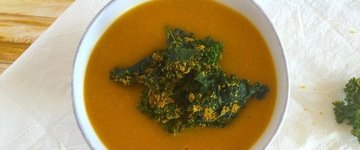 BUTTERNUT SQUASH SOUP WITH CURRIED KALE CHIPS