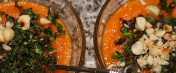 Carrot Ginger Soup with Kale Shreds and Macadamias