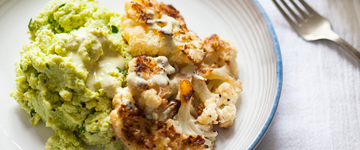 Cauliflower Steaks over Garlic Edamame Mash