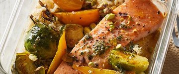Roasted Salmon Rice Bowl with Beets & Brussels