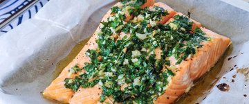 Salmon with Truffle Baked Eggs & Parmesan Spinach