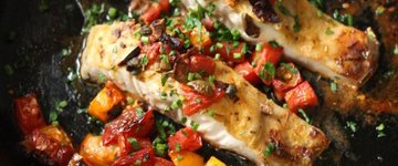 Broiled Striped Bass with  Tomatoes and Olives