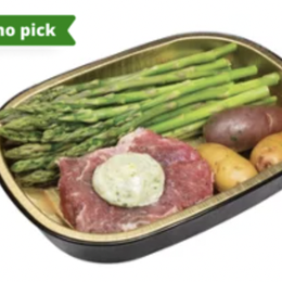 H‑E‑B Meal Simple Garlic Butter USDA Prime Strip Steak with Asparagus and Potatoes