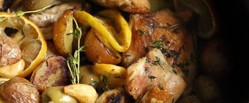 One Pan Roasted Chicken Potatoes, Wine and Olives