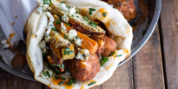 Buffalo Falafel Pita with Garlic Blue Cheese Fries