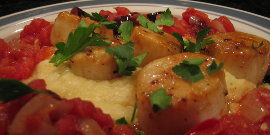 Seared Scallops with Tomato and Olive Compote