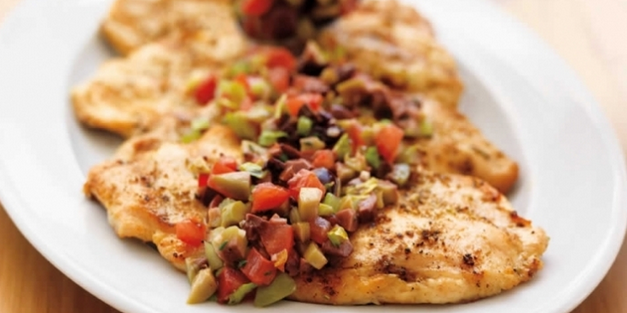 Chicken Paillards with Tomato and Olive Relish