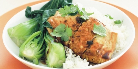 Spicy Salmon with Bok Choy and Rice