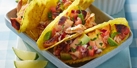 Spicy Salmon Tacos with Avocado and Tomato