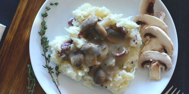 Cauliflower Mashed Potatoes with Mushroom Gravy