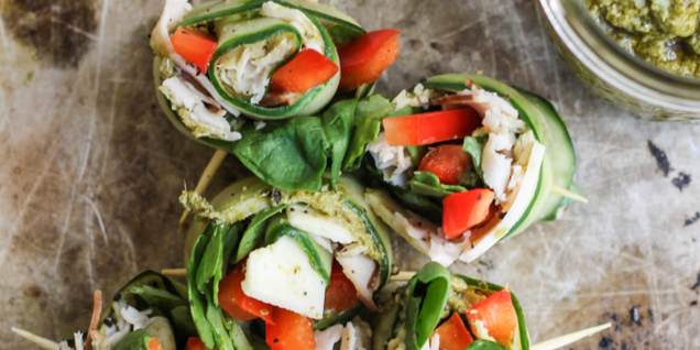 Low Carb Pesto & Turkey Cucumber Roll Ups