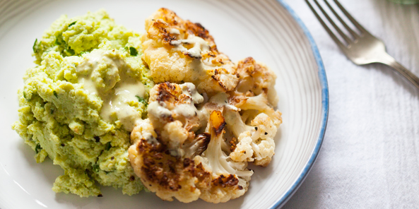 Cauliflower Steaks over Garlic Edamame Mash