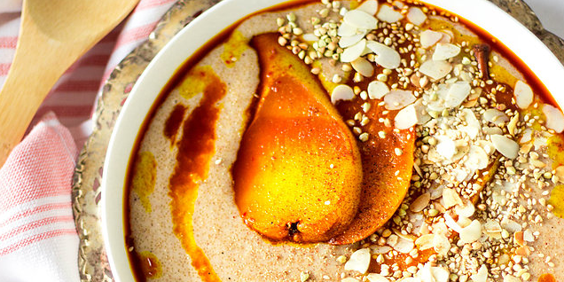 Chai Masala Amaranth Porridge & Saffron Pears