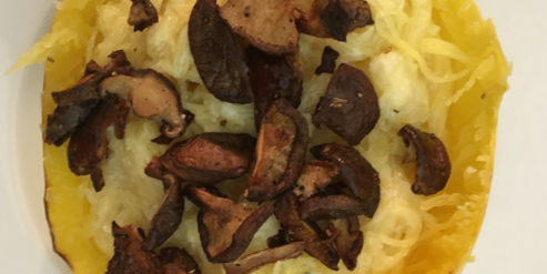 Vegan Spaghetti Squash Carbonara & Shiitake Bacon