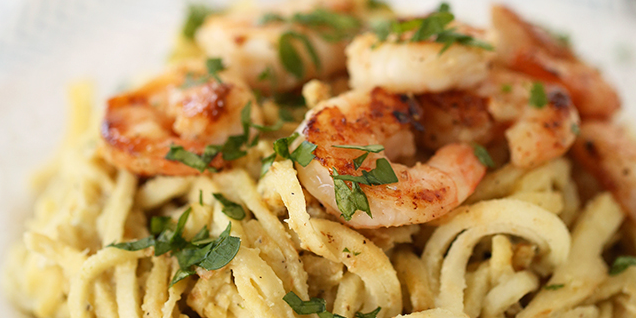 Parsnip Noodles with Cashew Sauce & Shrimp