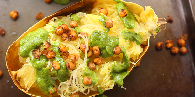 Pesto Spaghetti Squash w Spicy Roasted Chickpeas