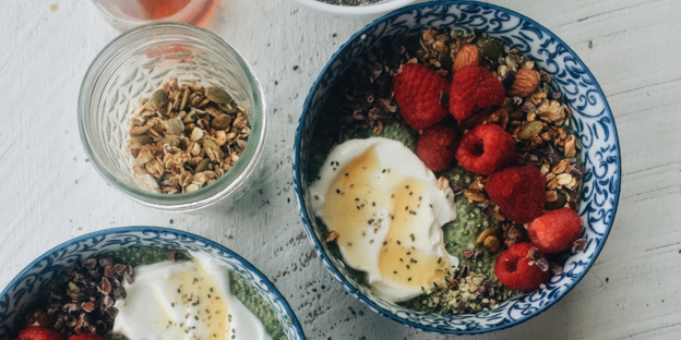 Matcha & Chia Pudding with Granola and Raspberries