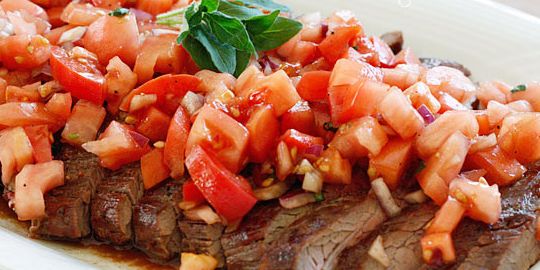 Grilled Flank Steak with Tomatoes & Red Onion