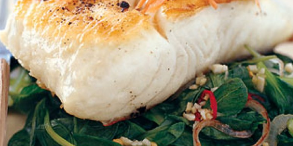 Grilled Halibut with Tatsoi & Spicy Thai Chiles