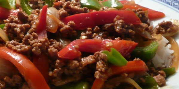 Vegetarian "Sausage" with Red Bell Pepper & Onions