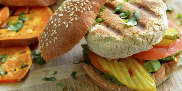 Grilled Hummus Burgers with Sweet Potato Slices