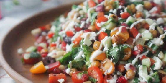 Chickpea Greek Salad with Pomegranate & Tzatziki