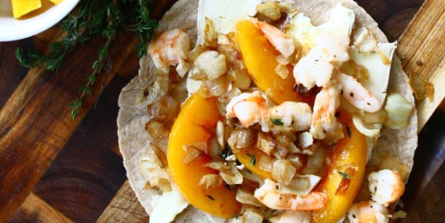 Shrimp Quesadillas- Peaches & Caramelized Onion