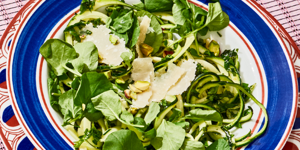 Zucchini Noodles, Greens Pistachios, & Parmesan