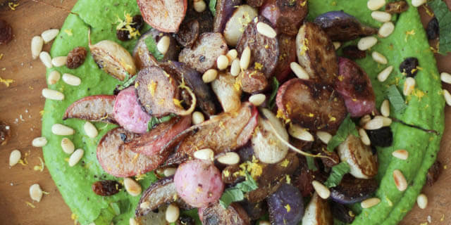 Za'atar Roasted Radishes with Pea Puree & Raisins