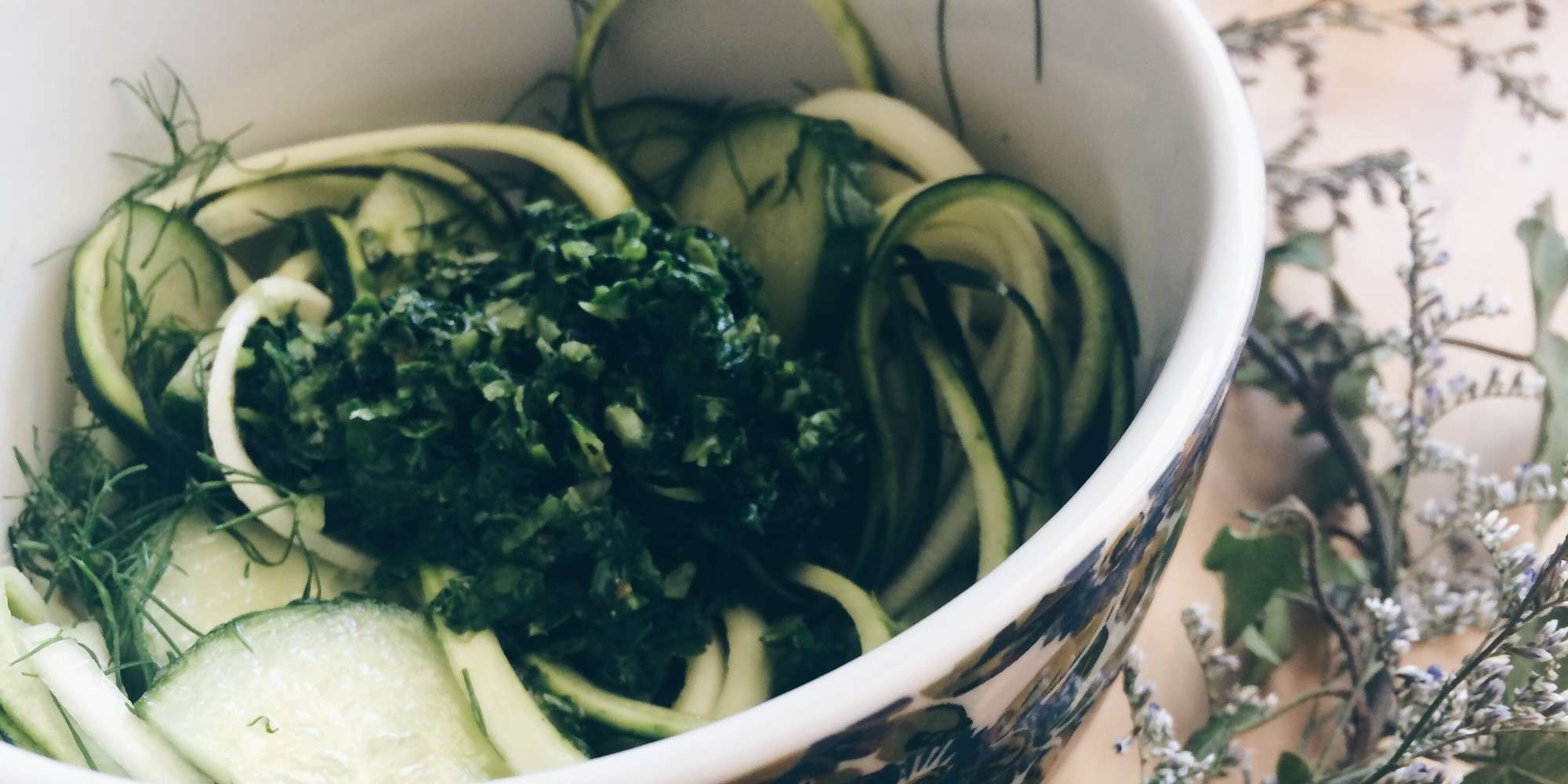 Zucchini Noodle Pesto Bowl (Cucumber Version)