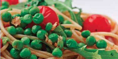Spicy Spaghetti with Arugula, Peas and Tomatoes