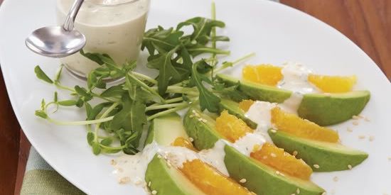 Sliced Avocado & Oranges with Tahini Yogurt Sauce