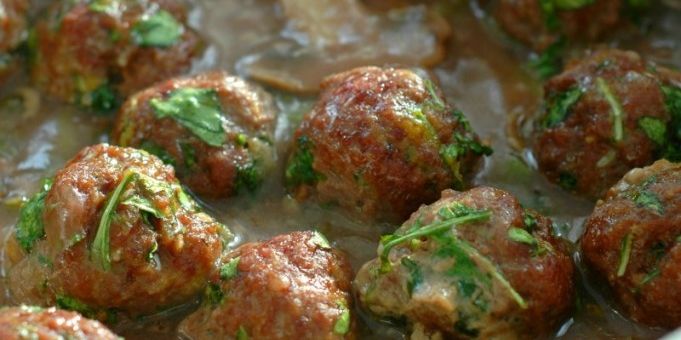 Kale and Herb Stuffed Meatballs in Red Wine Gravy