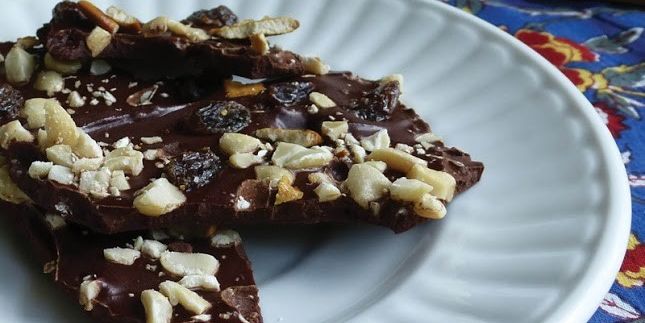Chocolate Bark with Pretzels, Peanuts and Raisins