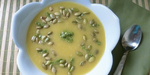 Butternut & Potato Soup with Pumpkin Seeds & Pesto