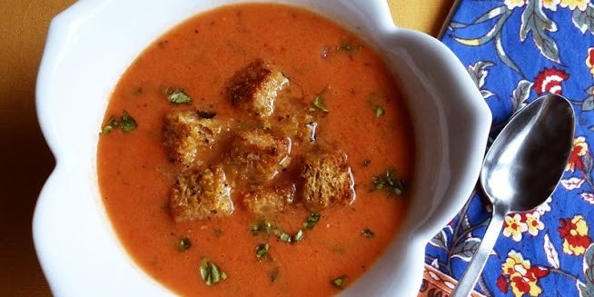 Fire Roasted Tomato Soup with Cheezy Croutons