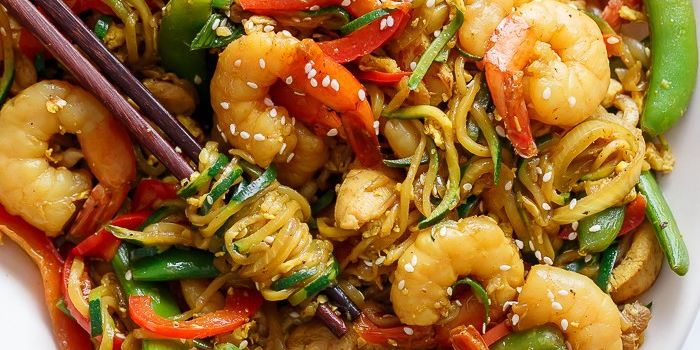 Singapore Zoodle Stir Fry with Chicken & Shrimp