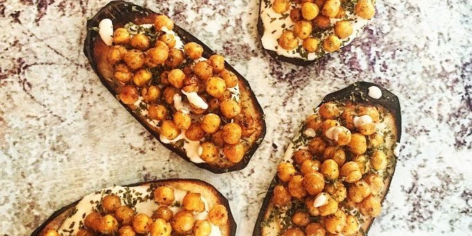 Roasted Eggplant + Chickpeas with Yogurt Tahini