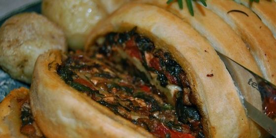 Lentil, Mushroom, Spinach, Spicy Nut Roulade