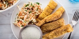 Spiced Fish Sticks with Celery Root & Carrot Slaw