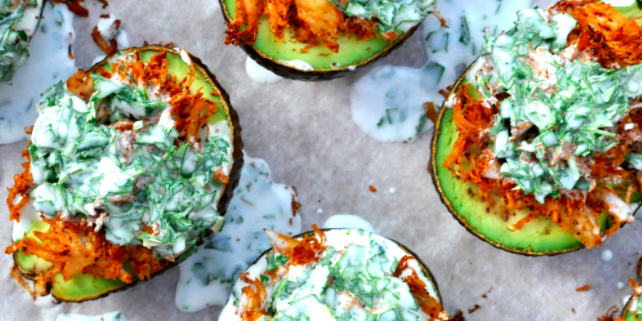 Paleo Stuffed Avocados with Cilantro Cream Sauce