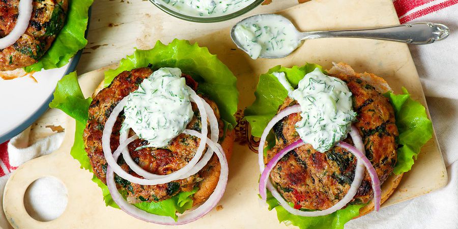 Turkey Burger Greek Salad with Tzatziki Sauce