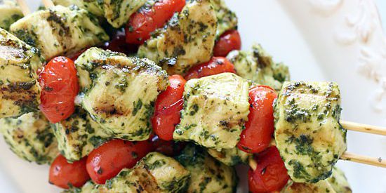 Keto Grilled Pesto Chicken and Tomato Kebabs