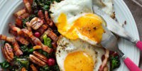 Keto fried eggs with kale and pork