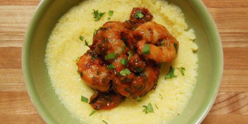 Shrimp With Tomato Wine Sauce & Polenta