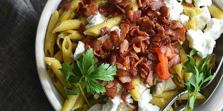 Pasta with Goat Cheese, Bacon & Fresh Chives