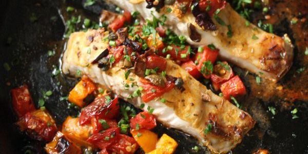 Broiled Striped Bass with  Tomatoes and Olives