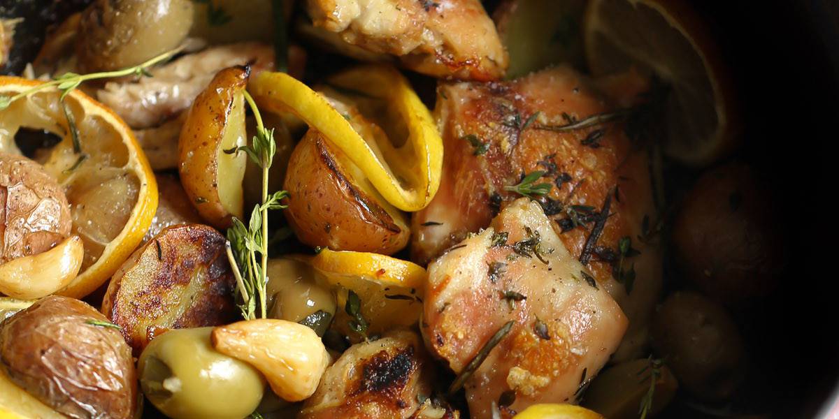 One Pan Roasted Chicken Potatoes, Wine and Olives