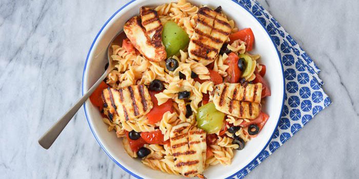 Low FODMAP pasta salad with haloumi